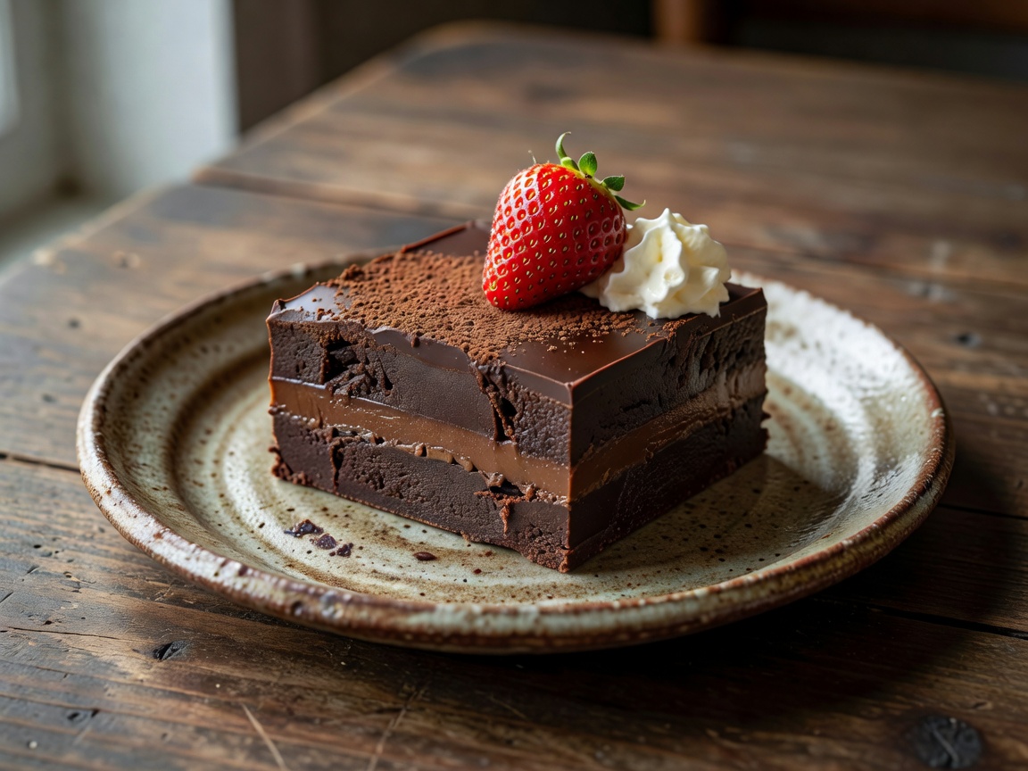 Artisanal layered chocolate fudge dessert with strawberry garnish on rustic plate