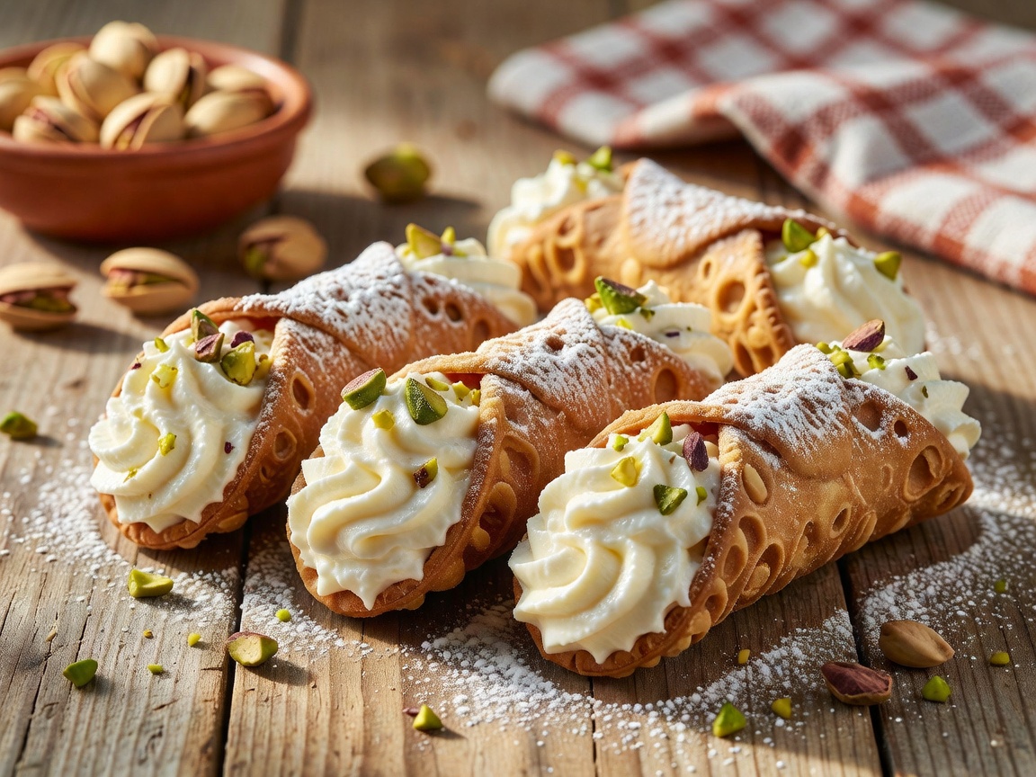 Authentic Italian Tiramisu dusted with dark cocoa powder and crisp Marsala wine cannoli