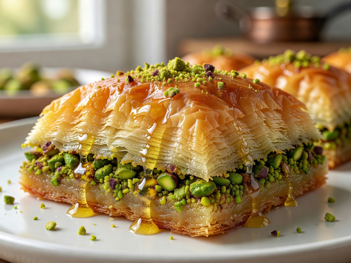 Layers of Gaziantep Turkish Baklava drenched in clarified butter and crushed green pistachios