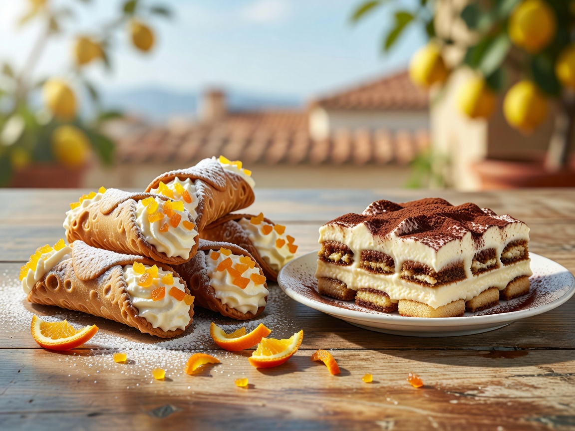 Crisp Sicilian cannoli with candied orange peel alongside traditional layered mascarpone tiramisu