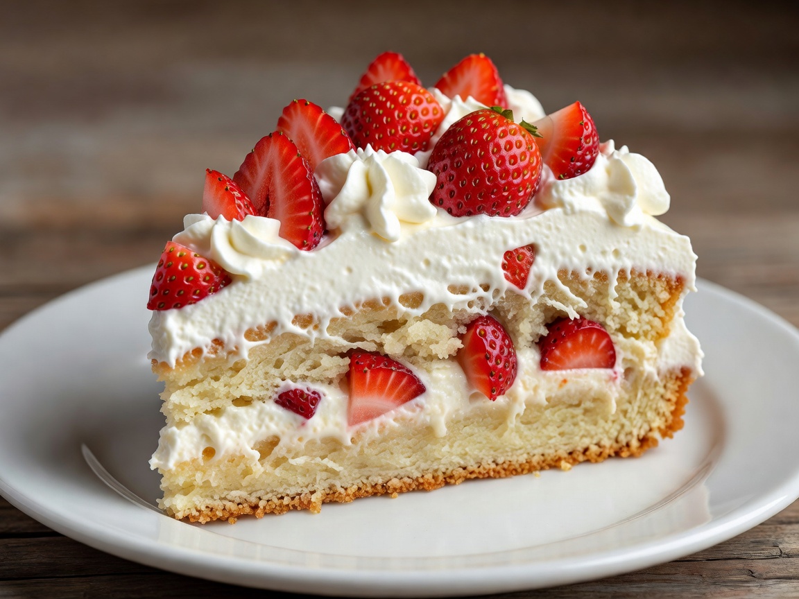Delicious slice of Mexican Pastel de Tres Leches topped with fresh strawberries and whipped cream