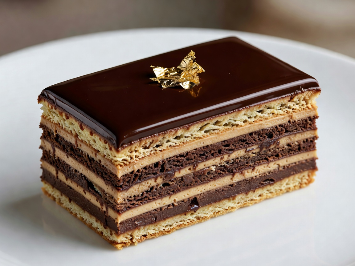 Detailed close-up of glossy dark chocolate glazed French Opera Cake slice with gold leaf flake