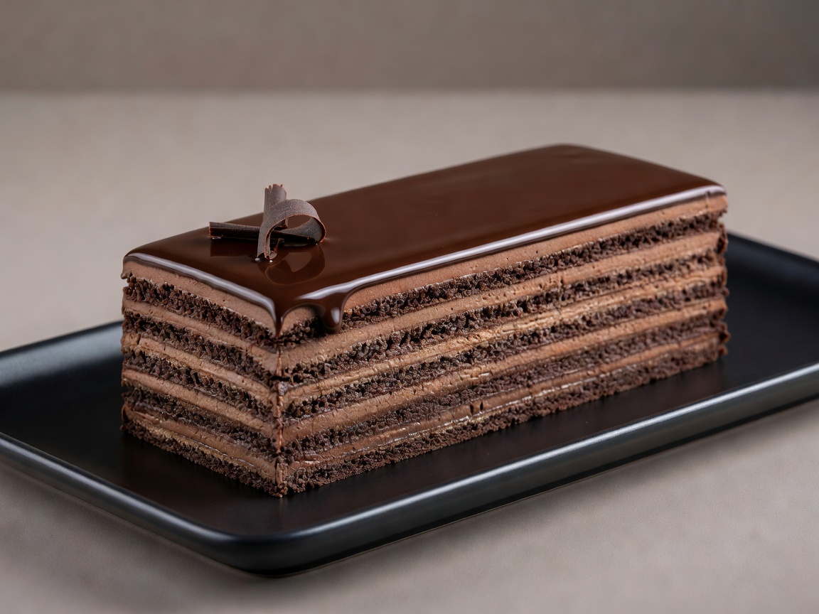 Exquisite French Opera Cake with layers of almond sponge coffee buttercream and chocolate ganache