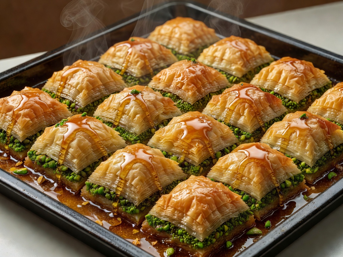 Freshly baked Turkish pistachio baklava cut into golden diamonds and drenched in hot aromatic sugar syrup
