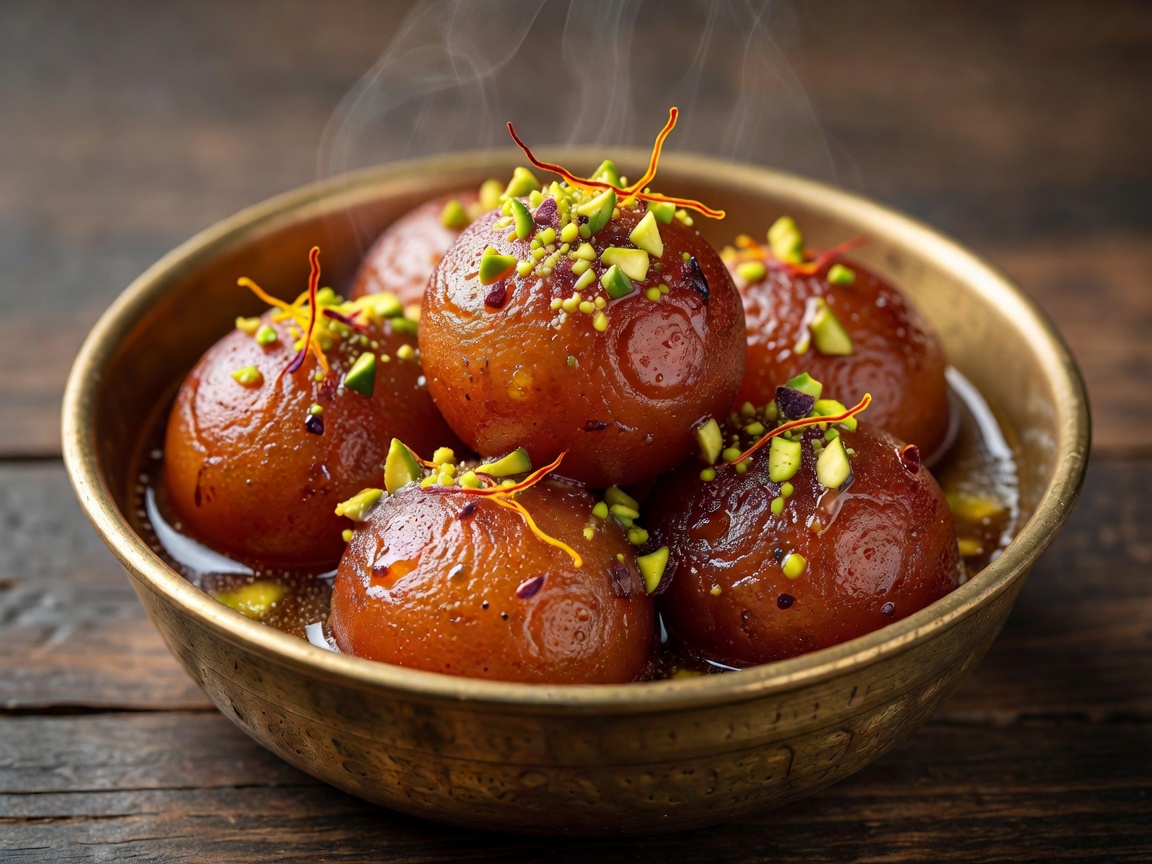 Freshly prepared golden brown Indian Gulab Jamun served in a traditional metal bowl with crushed pistachios and saffron strands