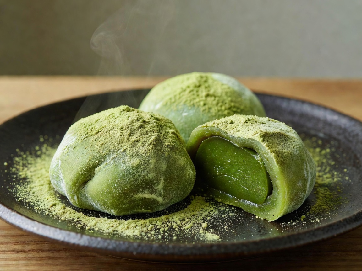 Traditional Japanese Strawberry Daifuku Mochi coated in fine cornstarch with sweet red bean paste