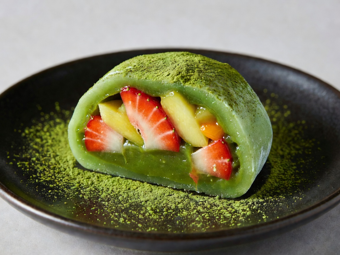 Japanese green matcha mochi daifuku with dusted surface and fresh sliced fruit filling on dark ceramic plate