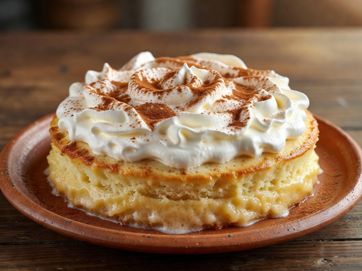 Mexican Tres Leches Cake topped with whipped vanilla cream and cinnamon-dusted Conchas pan dulce