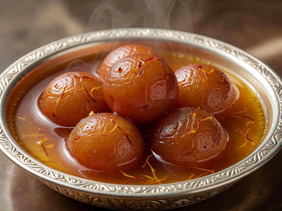 Royal Indian Gulab Jamun soaked in saffron cardamom syrup served in bronze bowl with silver vark